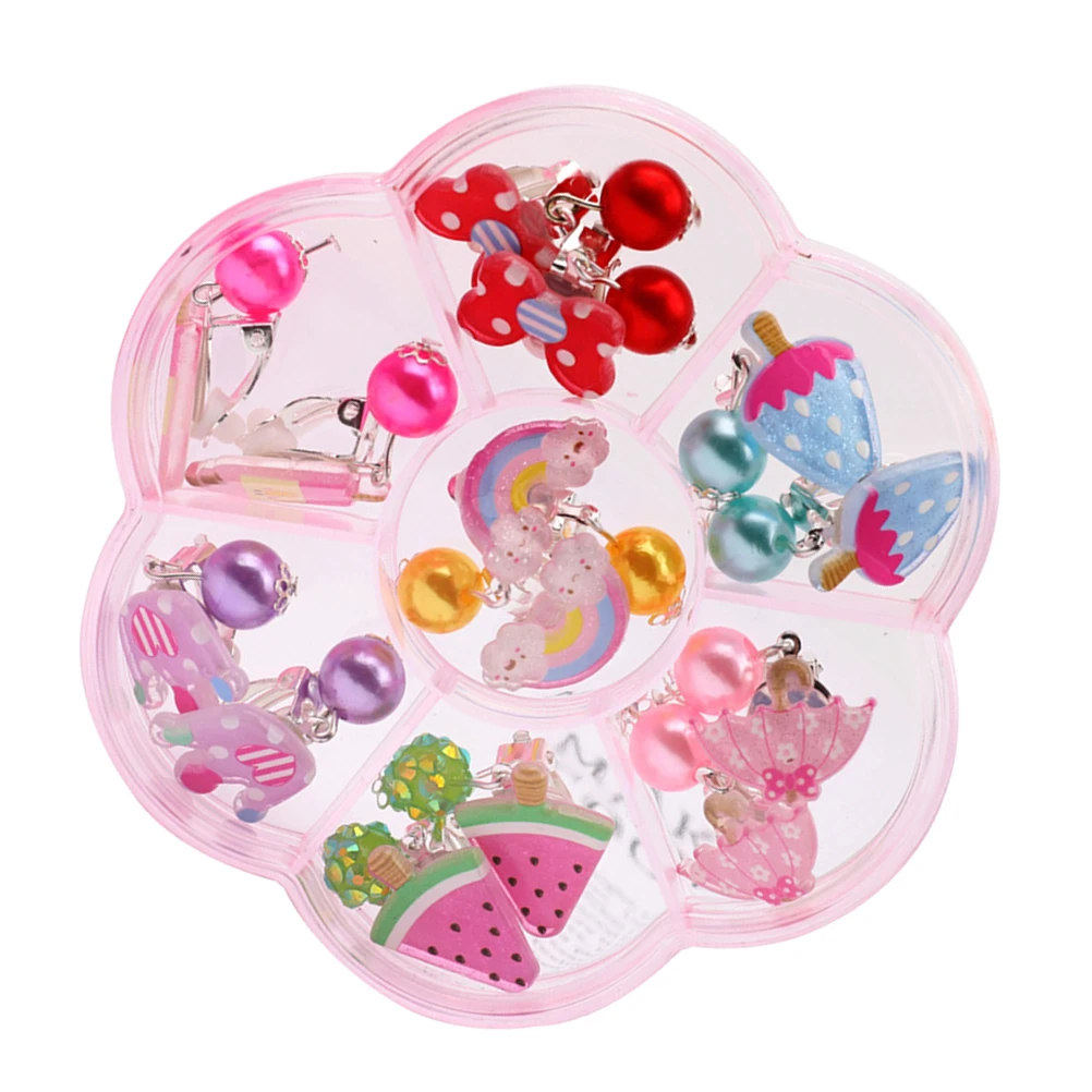 

7 Pairs Cartoon Earrings Girls Accessories Bright Color Decorative Children Clips Kids Birthday Gift Princess Style Non Tarnish