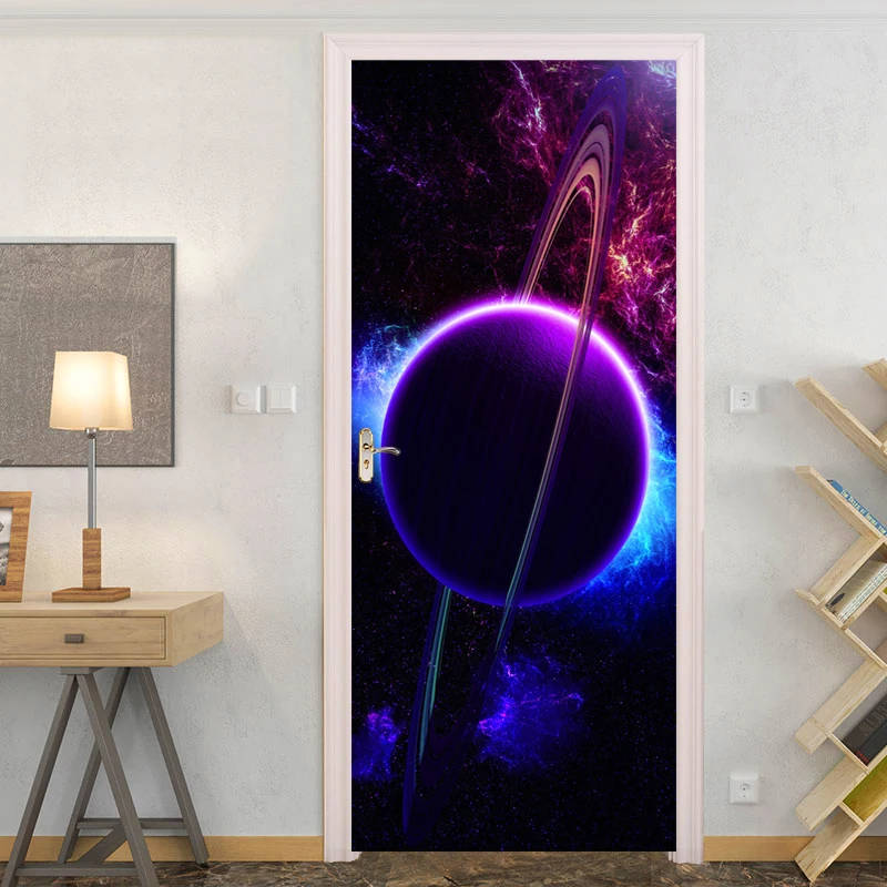 Modern 3D Space Planet Door Sticker Children's Bedroom Living Room Home Decor Mural Wallpaper Self-Adhesive Door Poster Decals