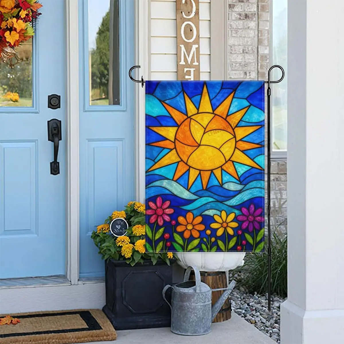 Sun Garden Flag Stained Glass Sun Over Waves with Flowers 12x18 Inch Double Sided Polyester Yard Flag for Outdoor Lawn House aaz