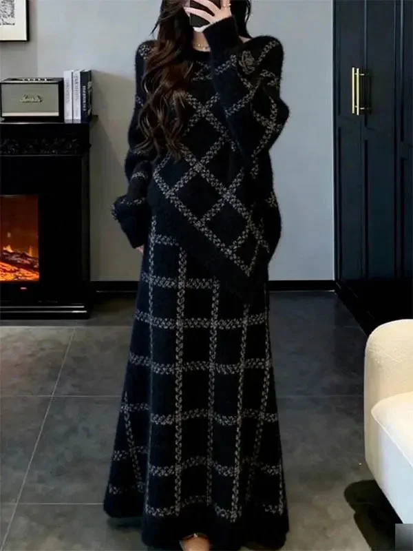 

Женский вязаный комплект из свитера и юбки в клетку, повседневный, свободного кроя, осенне-зимний, модный, больших размеров, теплый, с высокой талией, круглый вырез, комплект из двух предметов