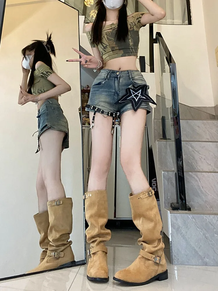 アメリカンレトロスターパッチデニムショーツハイウエストストリートホットジーンズレディース2025夏新作スリムフィットワイドレッグショーツ
