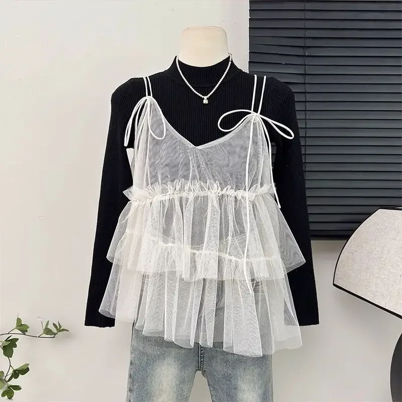 

Bow Tie Layered Mesh Strap Vest Top Women's Multilayer Clothing Spring Summer Black Fungus Edge Stacked Outer Tower Trendy