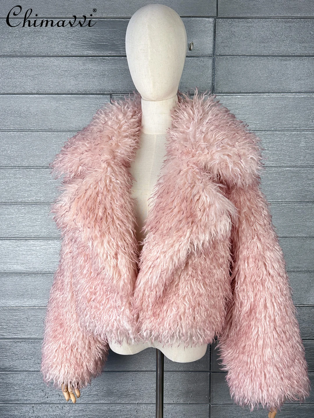 Autumn Winter New Heavy Powder-Dyed Pointed Collar Fur Jackets High-End Fashion Imitation Beach Wool Loose Warm Coat for Women