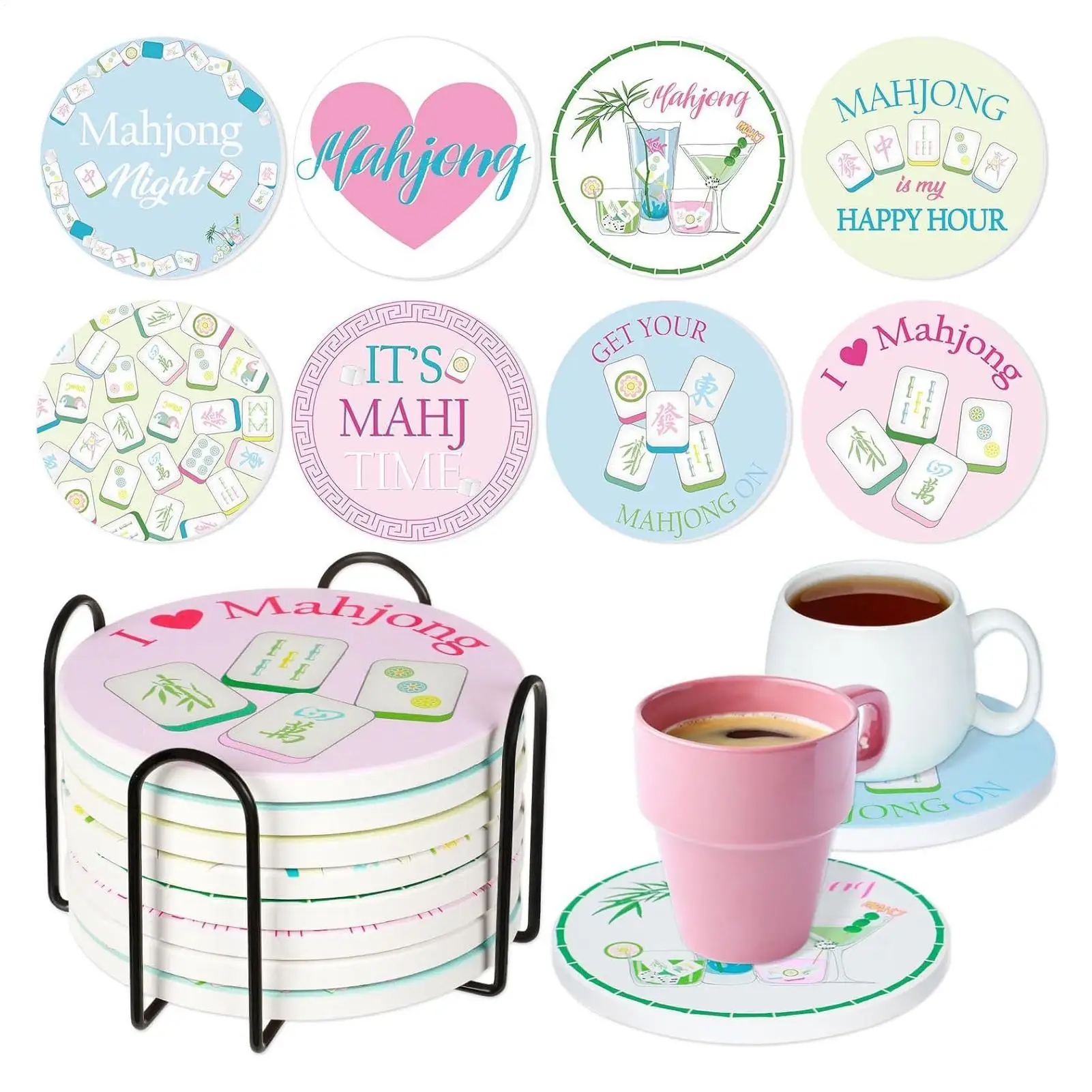 8 Pieces Mahjong Coasters Round Wooden Mahjong Cup Placemat Heat-Resistant Drink Coasters for Bar Cafe Gathering Home Office