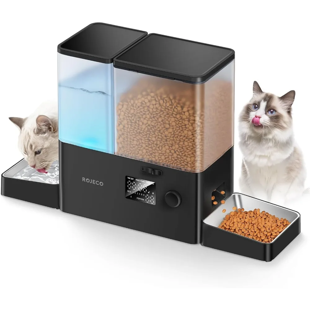 

36Cups/8.5L Pet Automatic Cat Feeder and Gravity Water Dispenser,Stainless Steel Bowls,Black