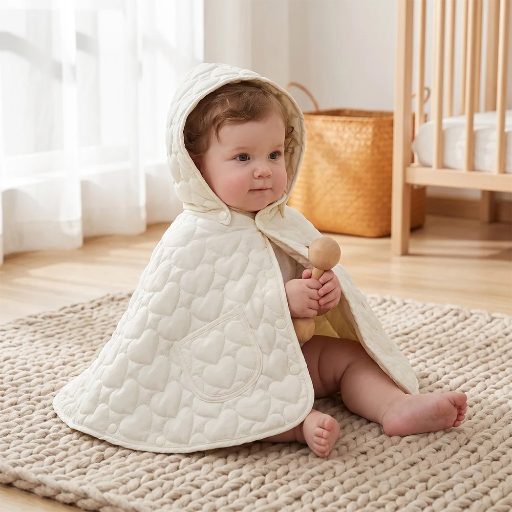 Baby Hooded Windproof Cape, Quilted Heart-Patterned Baby Outdoor Poncho, Thickened Autumn and Winter Newborn Warm Coat with Pockets