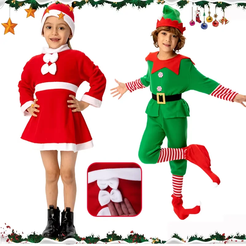 Santa Claus Costumes Kids Christmas Cosplay Party Clothing with Hat Cloak Skirt Santa Claus Stage Show Costumes Boys and Girls