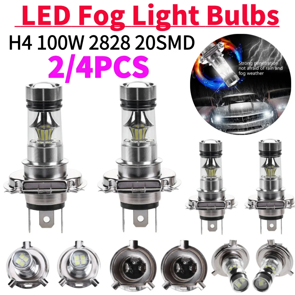 

2/4Pcs H4 100W 2828 20SMD LED High Power Car Driving DRL Light Fog Lamp Bulbs DC 12-24V Auto Car Fog Lamp Replacing Accessories