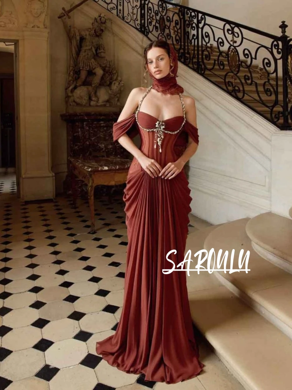 

Draped Straps Fairytale Mermaid Evening Dress Ruched Women Corset Princess Delicate Lace Pearls Tassel Customized Prom Gown