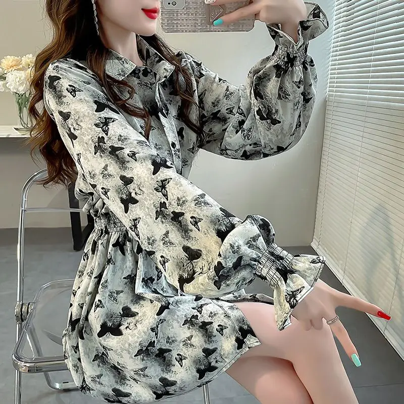Elegant Pleated Printing Shirt Tops Spring Autumn New Polo Neck Long Sleeve Vintage Blouse High Street Casual Women Clothing