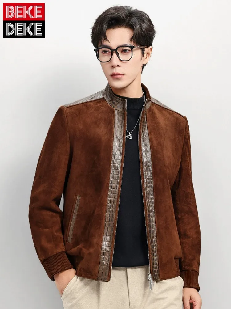 New Desginer Mens Real Suede Leather Jacket Spliced Stand Collar Business Casual Work Coat Slim Fit Fashion Natural Suede Jacket