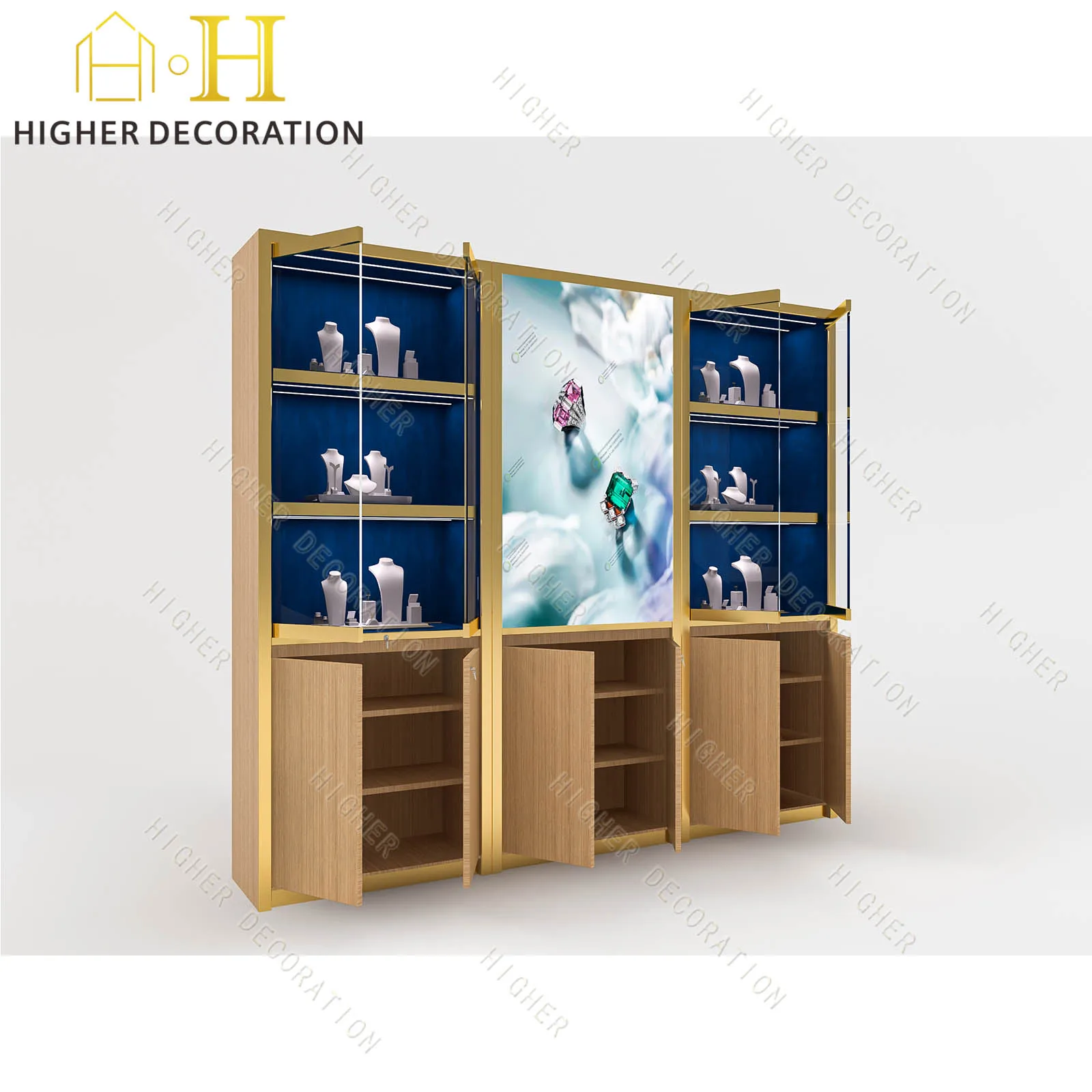 Gabinete de joyería moderno personalizado para joyería con iluminación LED con almacenamiento para escaparate de joyería