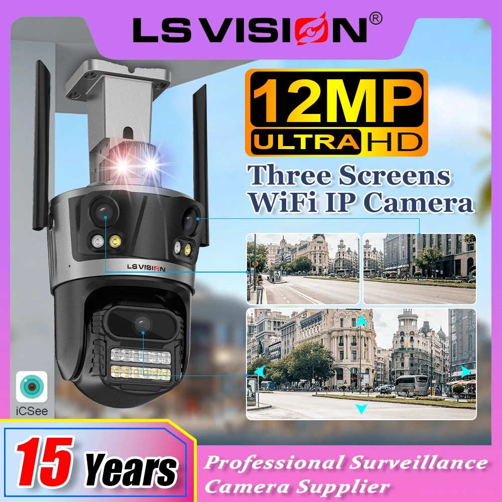 

LS VISION 12MP Three Screen WiFi Surveillance Camera IP Camera Night Vision Human Auto Tracking Monitoring Camera PTZ Cam ICSee