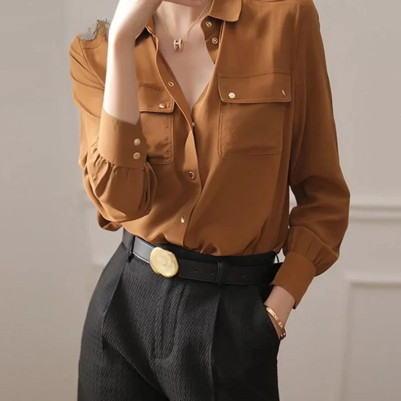 

Spring Summer Women's Shirt Double Pocket Long Sleeve POLO Collar Single Breasted Solid Professional Commuter Retro Top ZT99