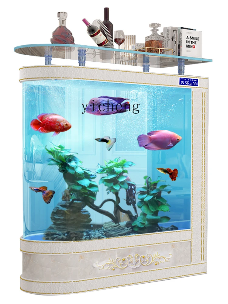 Tqh Fish Tank Living Room Large Floor Screen Partition Bullet round Radian Fish Tank