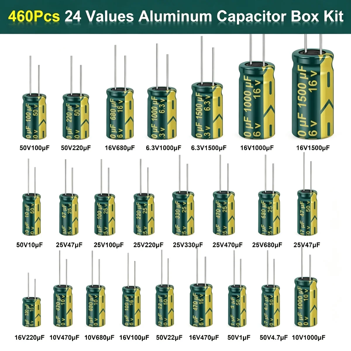 460Pcs 24Values Aluminum Electrolytic Capacitor Kit 6.3V-50V 1uF-1500uF DIP Low ESR Assorted Set for Electronic DIY Project