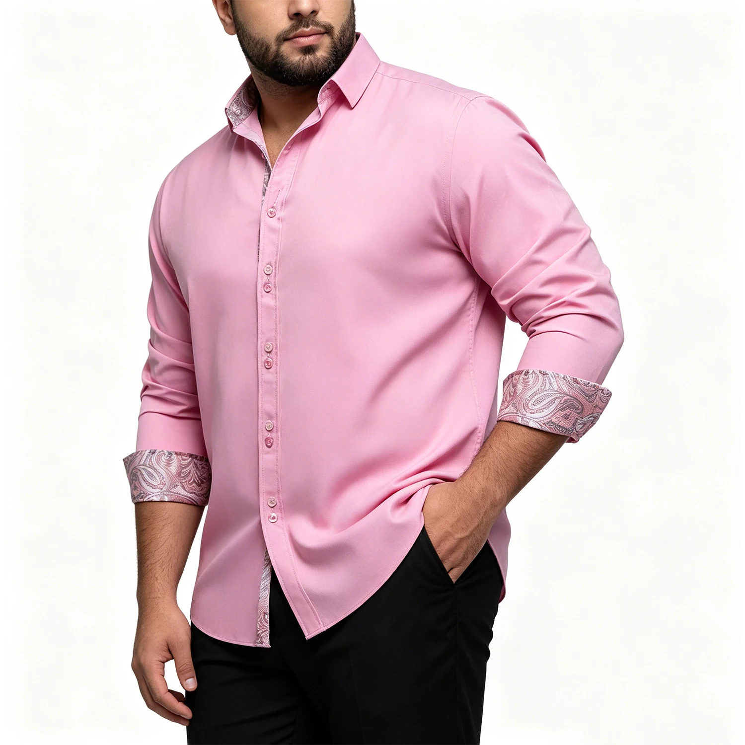 Basic Solid Shirt with Stylish Contrast Collar and Two-Tone Buttons for Daily Look