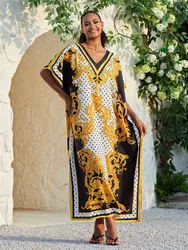 Beach Outfits for Women Swimsuit Cover-ups Kaftan Dress Tunic Long Maxi Plus Size Bathing Suit Polyester Print