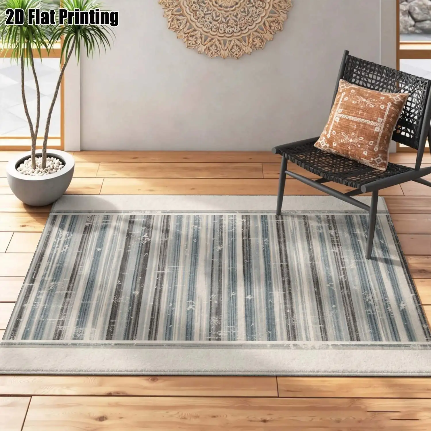 1Pc 2D Printed Blue-Grey Geometric Stripe Carpet Nordic, Modern Minimalist, Vintage, Instagram-Style Floor Mat for Home Decor, Multi-Size, Machine Washable, Suitable for Entrance, Living Room, Bedroom, Dining Room, Foyer.