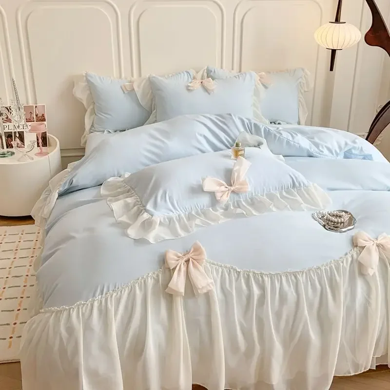 French Princess Style Bedding Sets Ruffle Lace Bow Quilt Cover Romantic Bedclothes Decor Woman Girls Bedroom/  Bedding Set