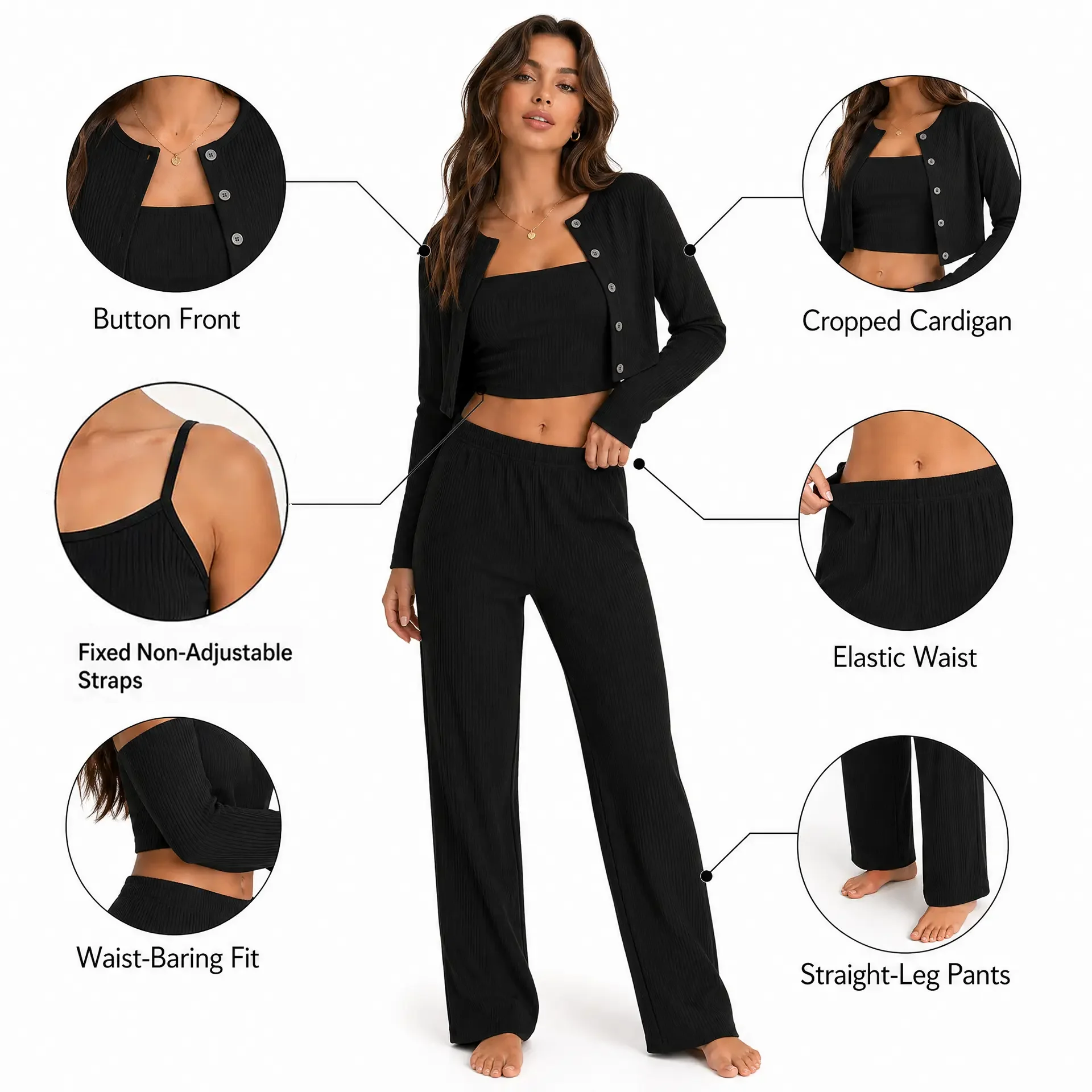 Four-Season Wearable Loungewear, Black Ribbed Camisole, Cardigan, and Long Pants Three-Piece Women's Pajama Set, Casual Style, Slimming and Versatile