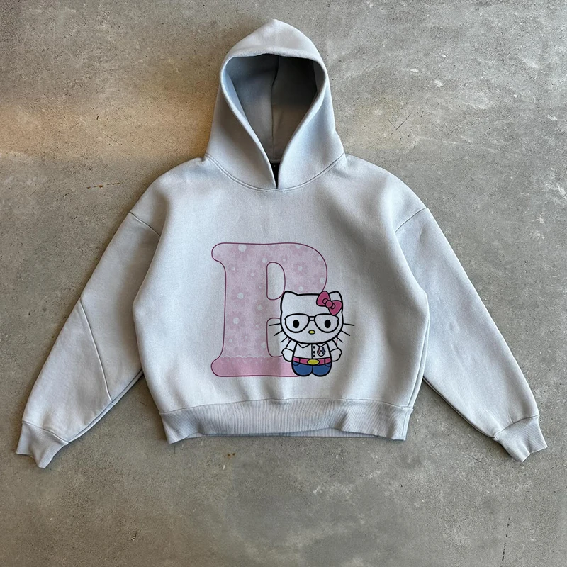 New Gray Hello Kitty Letter A-Z Woman And Men Long-sleeved Hoodies Sanrio Hoodies Clothes Cartoon Clothes Kawaii Birthday Gift