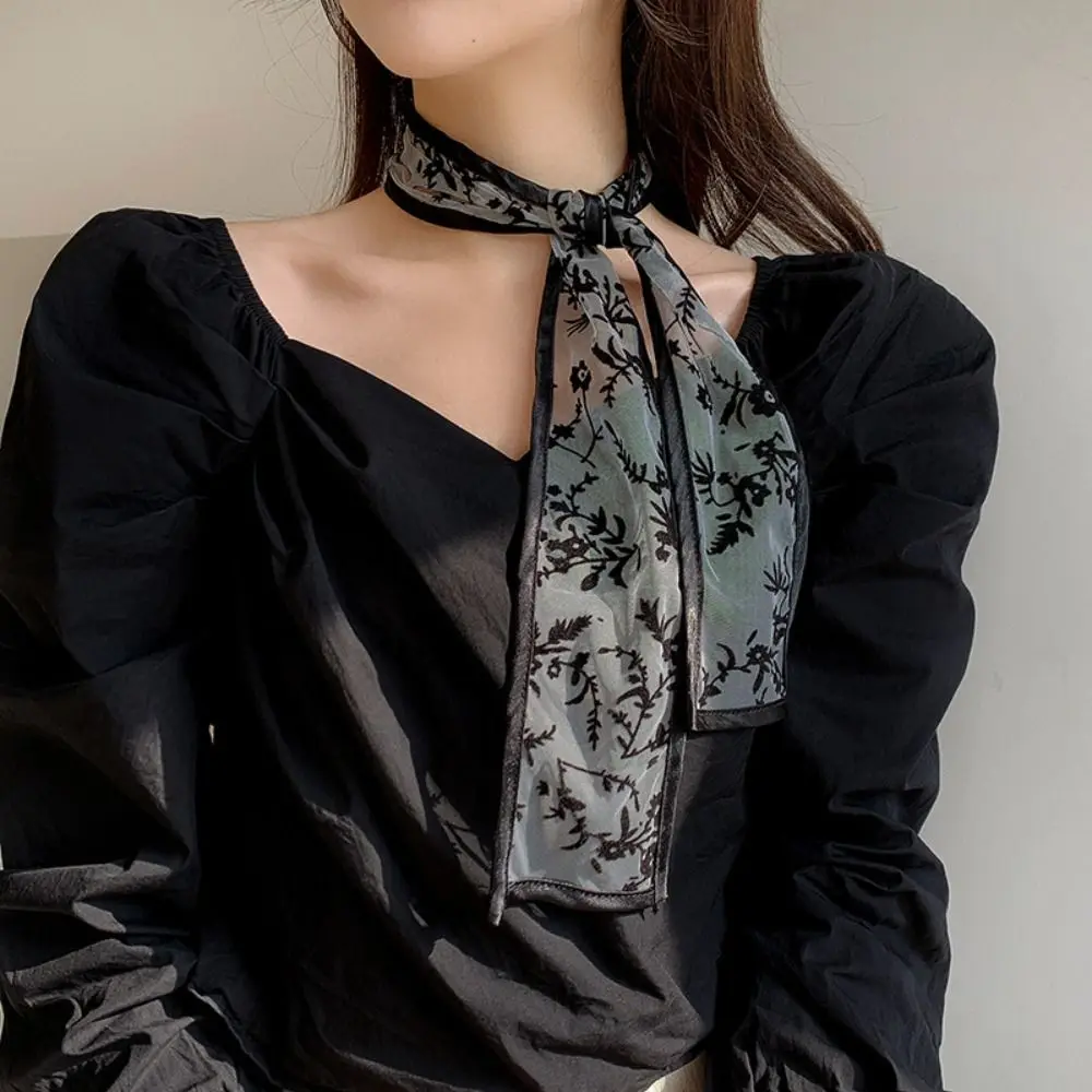Fashion Y2k Flower Lace Neck Strap Sweet Dressing Decoration Hair Band Neckerchief Transparent Long Ribbon Head Scarf