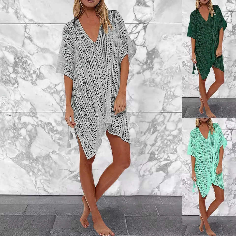 Ladies Bikini Openwork Beach Holiday Blouse Knitted Sunscreen Swimsuit Women Solid Loose Swimwear Women'S Bikinis And Tankinis