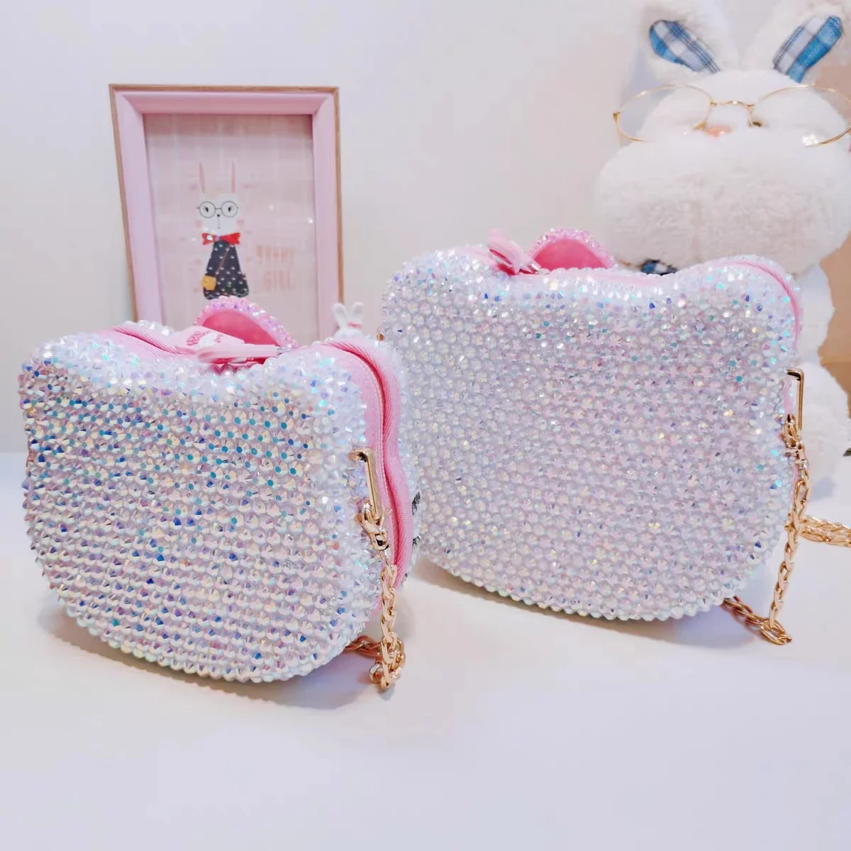 Handmade Crystal Rhinestones Jewelry Box Ring Coin Earphone Storage Organizer Cosmetic HandBag Girl Children's Gift