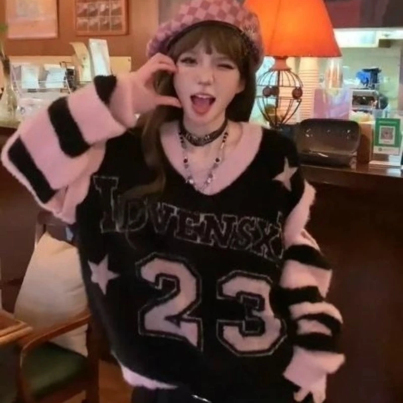 American Vintage Stripe Sweater Knit Patchwork Round Neck Long Sleeve Preppy Style Letter Pattern Fashion Casual Pullover Autumn