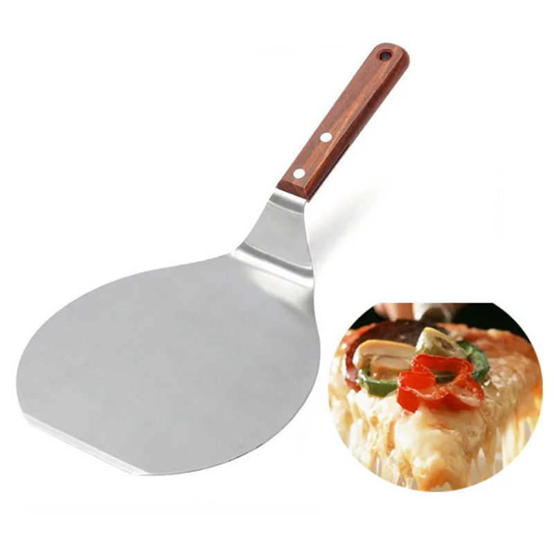 Stainless Steel Pizza Shovels with Wood Handle Round Pizza Spatula Cake Shovel Bread Cutter Kitchen Baking Turner Accessories