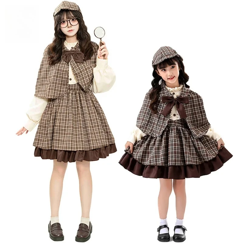 

Adult & Kid Detective Costume British Style High Collar Long Sleeve Detective Dress Reasoning Game Women Halloween Cosplay Dress