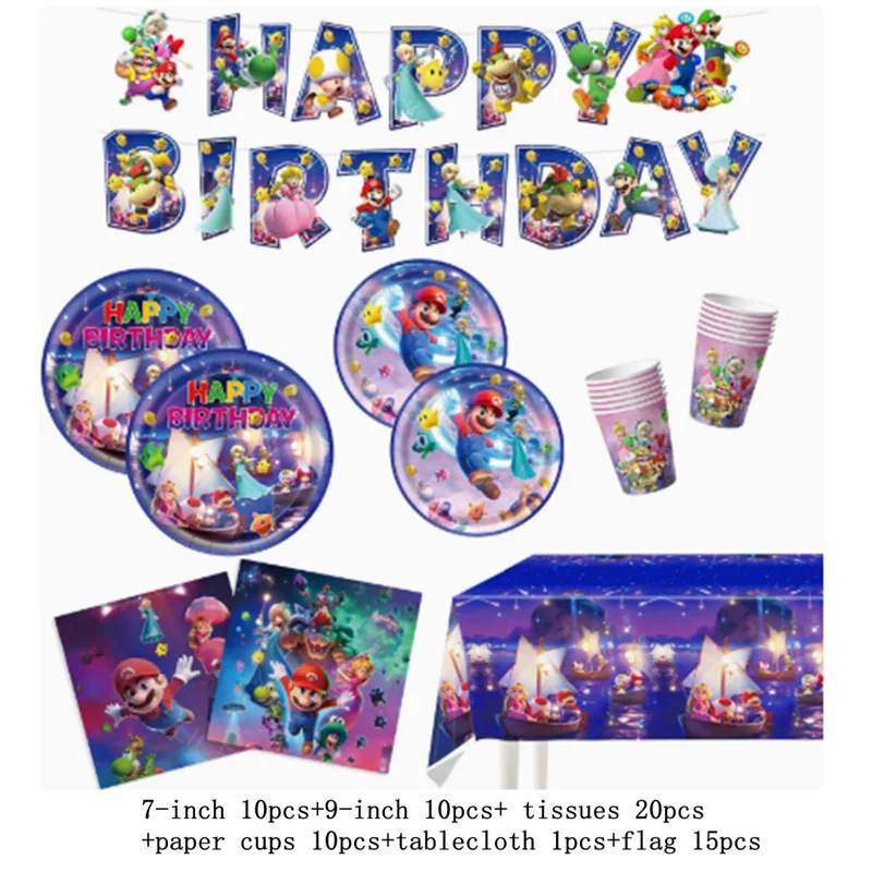 Mario Complete Birthday Party Supplies Set Galaxy Mario Themed Decor Kit with Banner Balloons Tableware Cake Toppers for Kids image 3