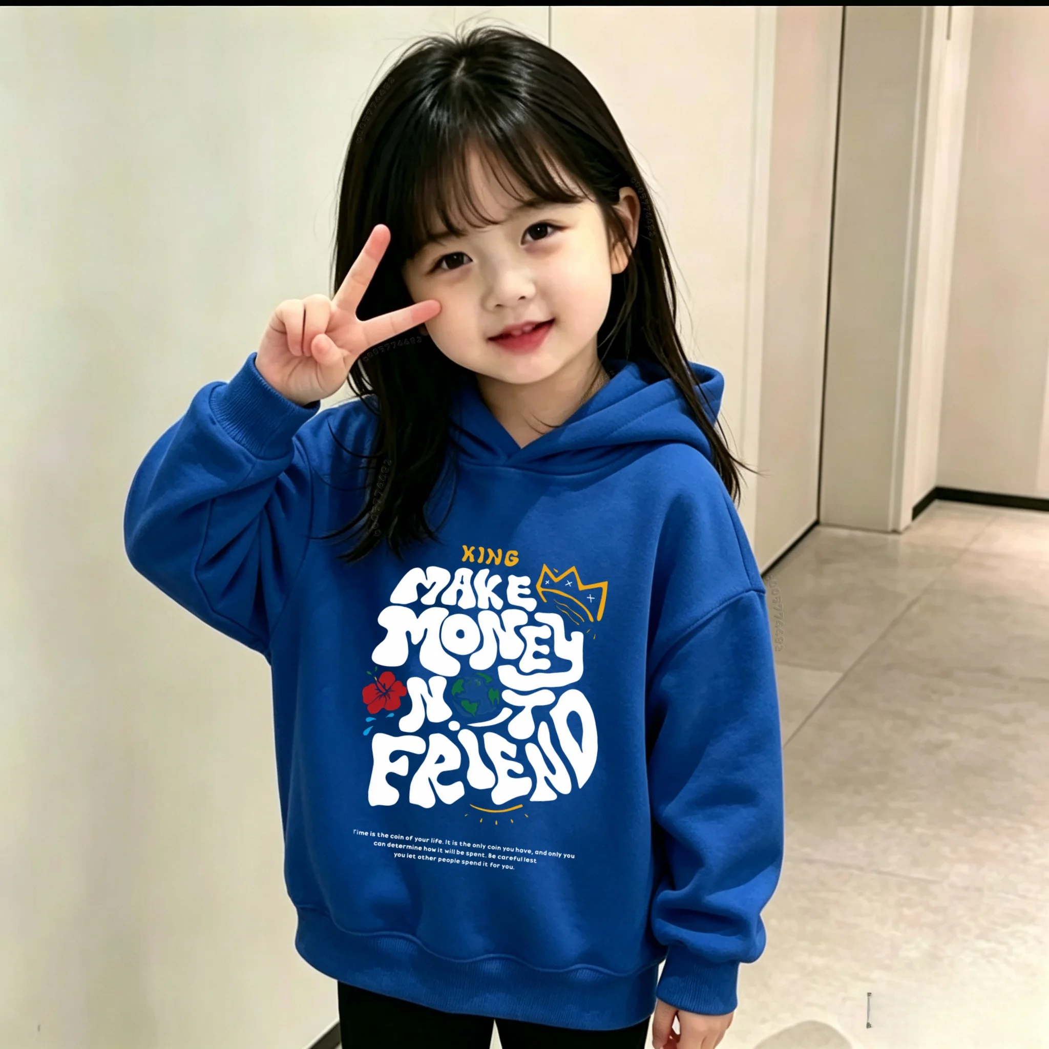 Retro trend children's hooded sweatshirt - Money is not a friend. With logo letter print. Fall/winter hooded sports shirt.