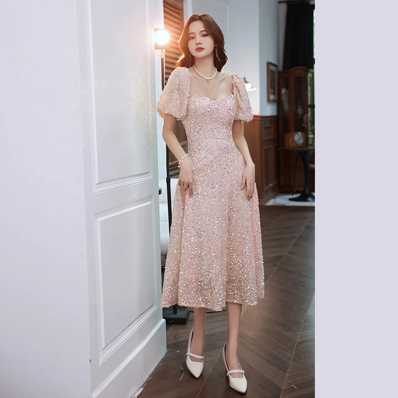 

Off The Shoulder Sequin Evening Dress For Women Summer Autumn New Luxury Fashion Trend Walk Show Banquet Square Collar Dresses