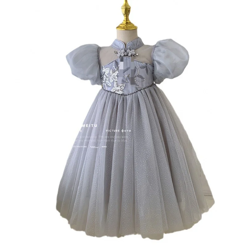 Girls' Dress2024Summer New High-End Children's Mesh Princess Dress Birthday Dress National Style Puff Sleeve