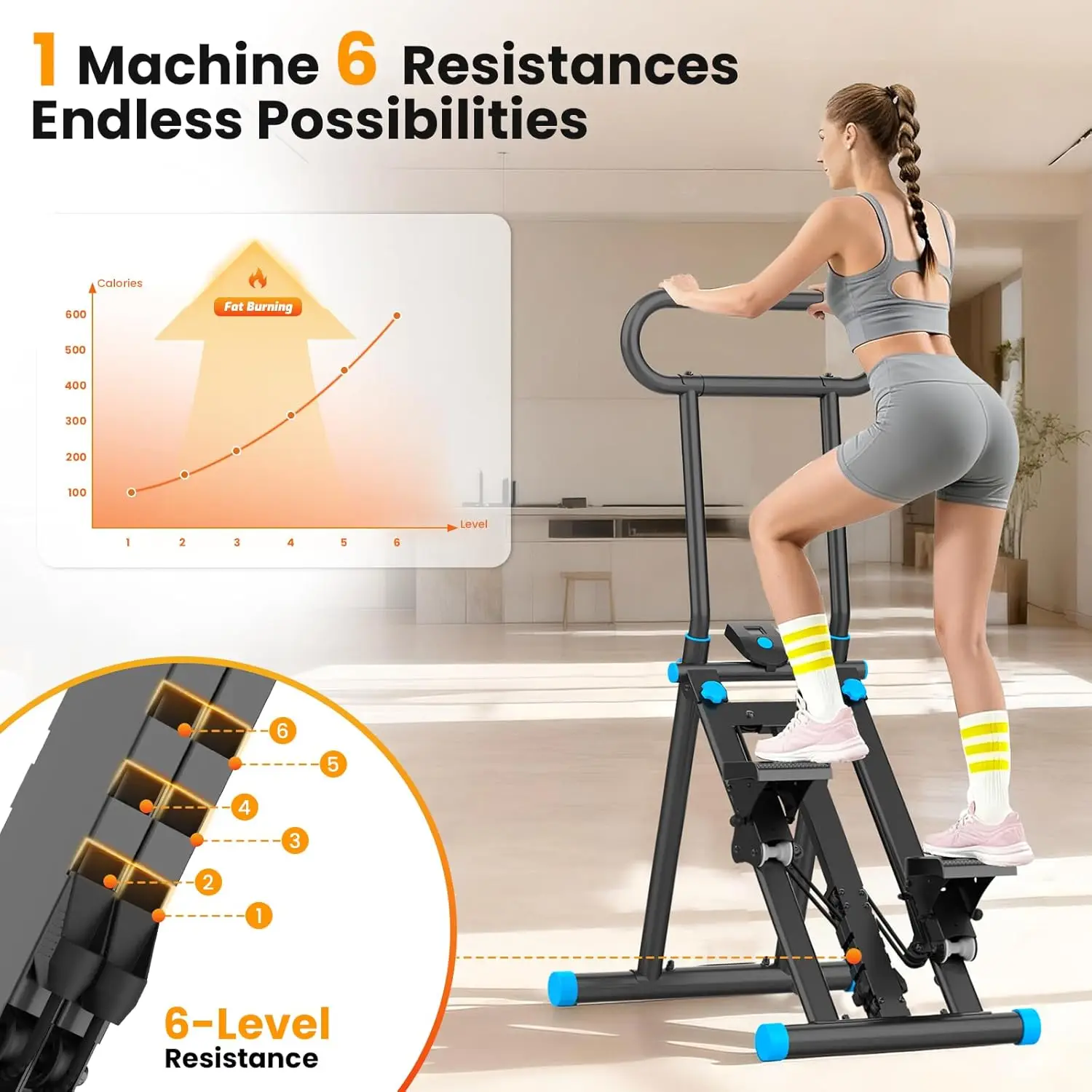 Home Workout Scene, Metal Material, Silver Color, 6-Level Adjustable Resistance and Folding Design Stair Stepper