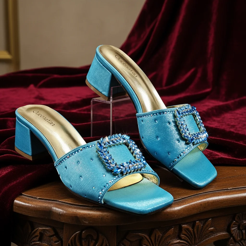 New Stylish Sky Blue Rhinestone High Heel Shoes & Matching Handbag - Elegant Peep Toe Footwear for Women, Ideal for Parties