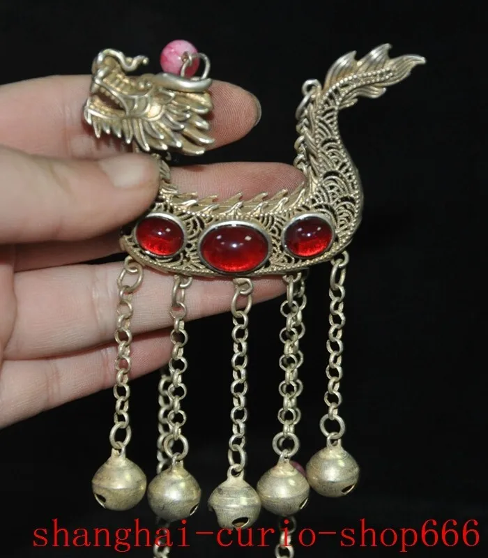 

Ancient Tibetan Silver Gems Feng Shui Wealth Dragon Boat Bell Early Sculptures -Natural materials