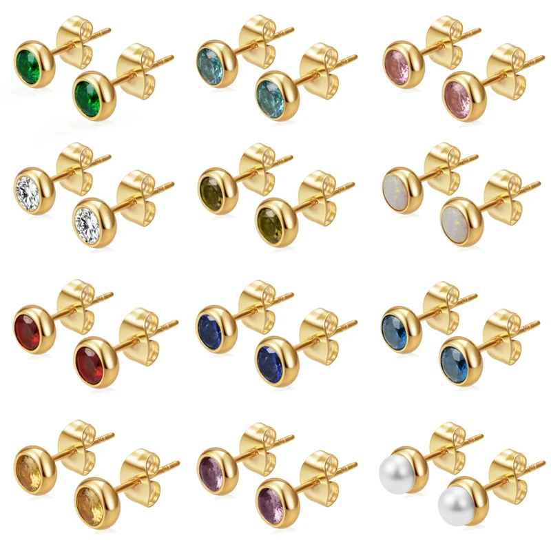 Classic Stainless Steel Ear Needle Zircon Round Stud Earrings For Women Birthstone Gold Color Small Huggie Daily Female Jewelry