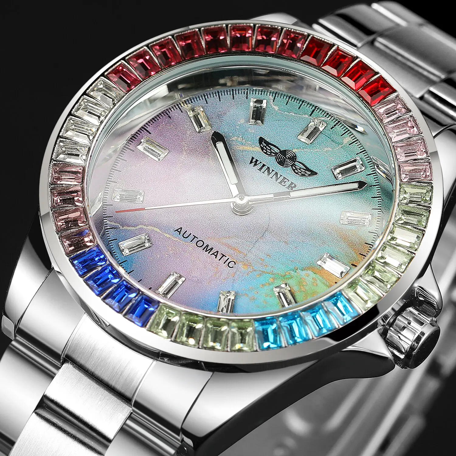 Winner 002A Men\'s Automatic  Watches Diamonds Watch Male  colorful Skeleton Waterproof Stainless Steel Top Brand Clock