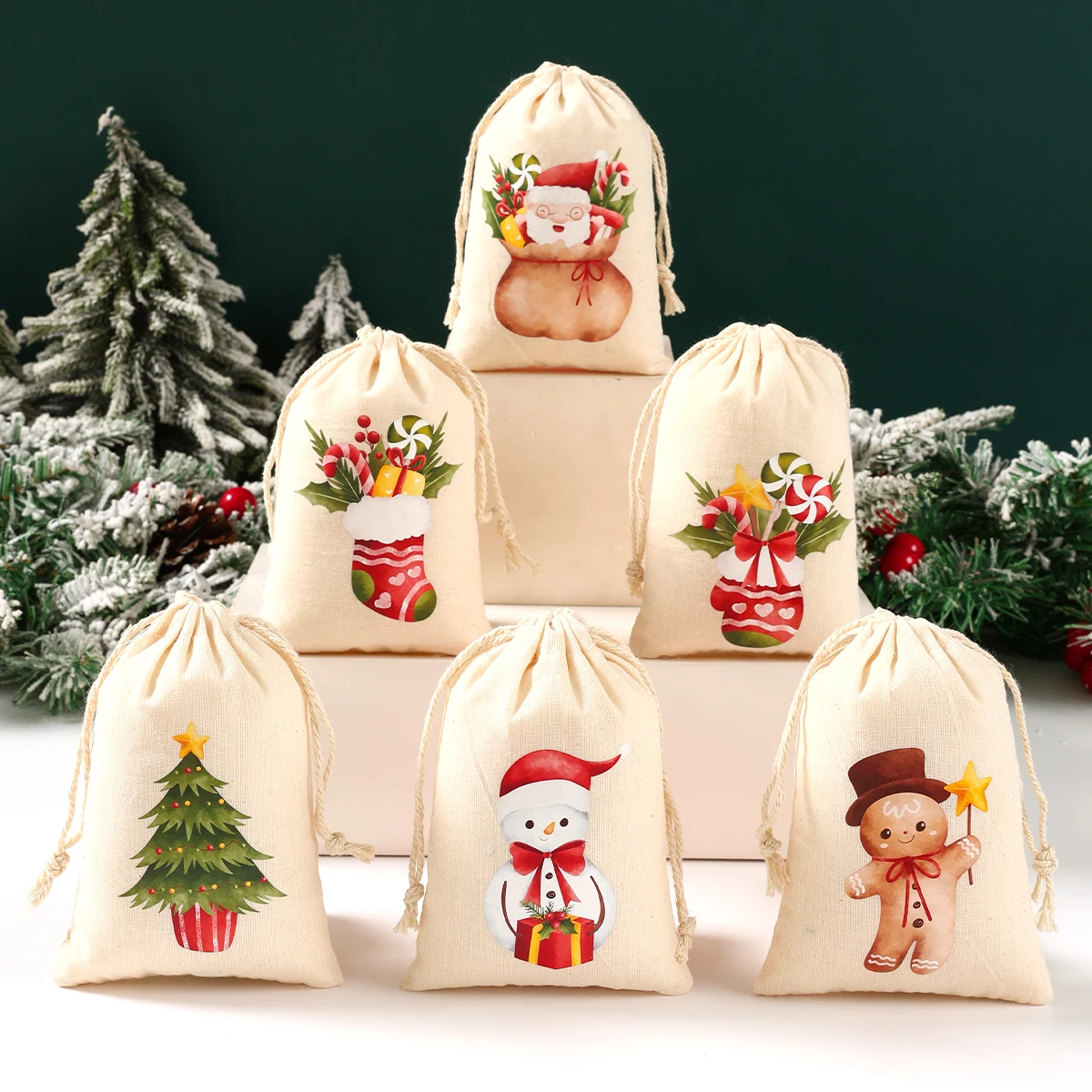 リネンコットンギフトバッグ,クリスマスデコレーション,キャンディーバッグ,新年デコレーション,2022, 6個