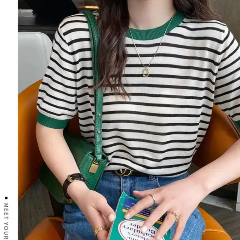 2025 Stripe Tops Women Knitted Round Collar Summer Print Short Sleeve Casual Simple Wild T-Shirt