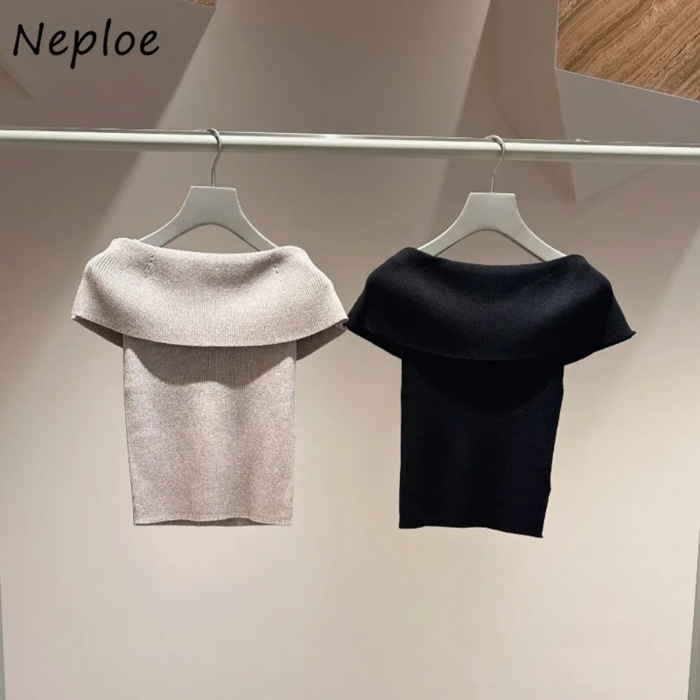 Neploe Temperament Slash Neck Half Sleeve Flanging Jumper Off Shoulder Elegant Sweet Solid Pullover Japan New Knit Sweaters