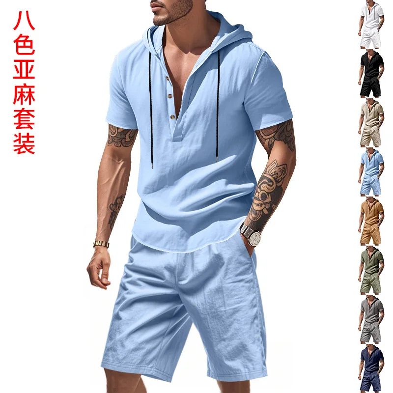 

American Summer Suit Short Sleeve Shorts Men's Linen Hooded Beach Casual Short Sleeve Shirt Set