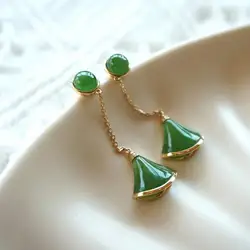 New natural Hetian chalcedony green small fan earrings for women charm long small fresh and exquisite wedding silver jewelry