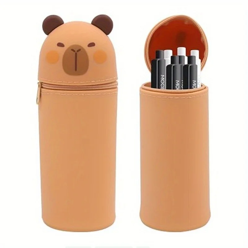 2-in-1 Soft Silicone Pencil Case - Cute Capybara Zipper Pencil Case Vertical Pencil Case or Desk Pen Holder, For School/Office