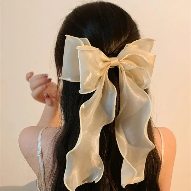 Double Bow Hairpin Shiny Ribbon Hair Clip Solid Color Spring Clip Hair Claw For Women Back Of The Head Hair Jewelry Accessories