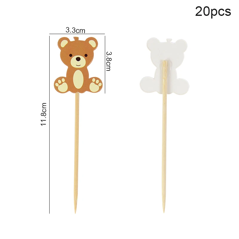 20pcs Cute Bear Paper Bamboo Picks Cartoon Cake Toppers Dessert Fruit Forks For Birthday Party Baby Shower CupCake Sticks Decor