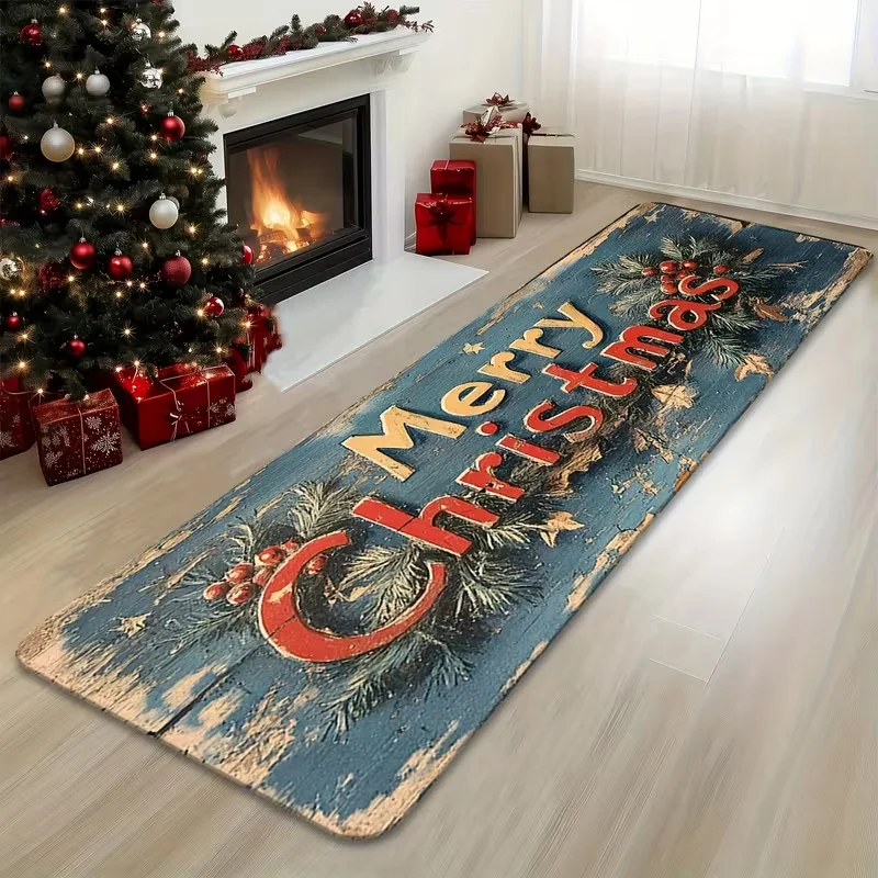 Distressed Wood Merry Christmas Print Carpet Vintage Christmas Runner Rug Hallway Entryway Rug Farmhouse Holiday Home Decor